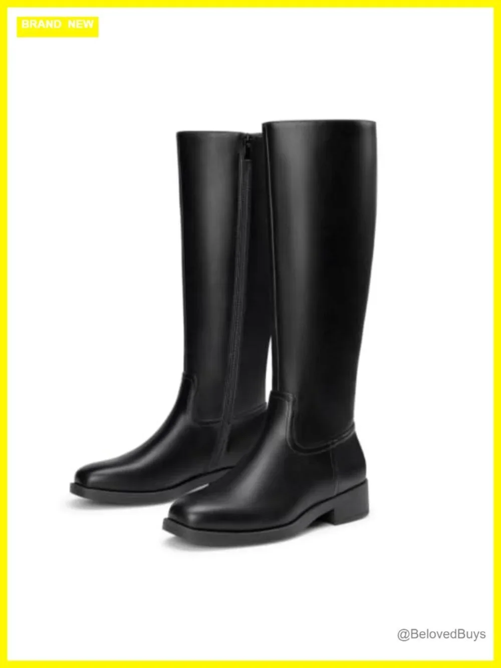 Knee High Boots Women Square Toe Side Zipper Faux Leather Flat Chunky Heel Fall